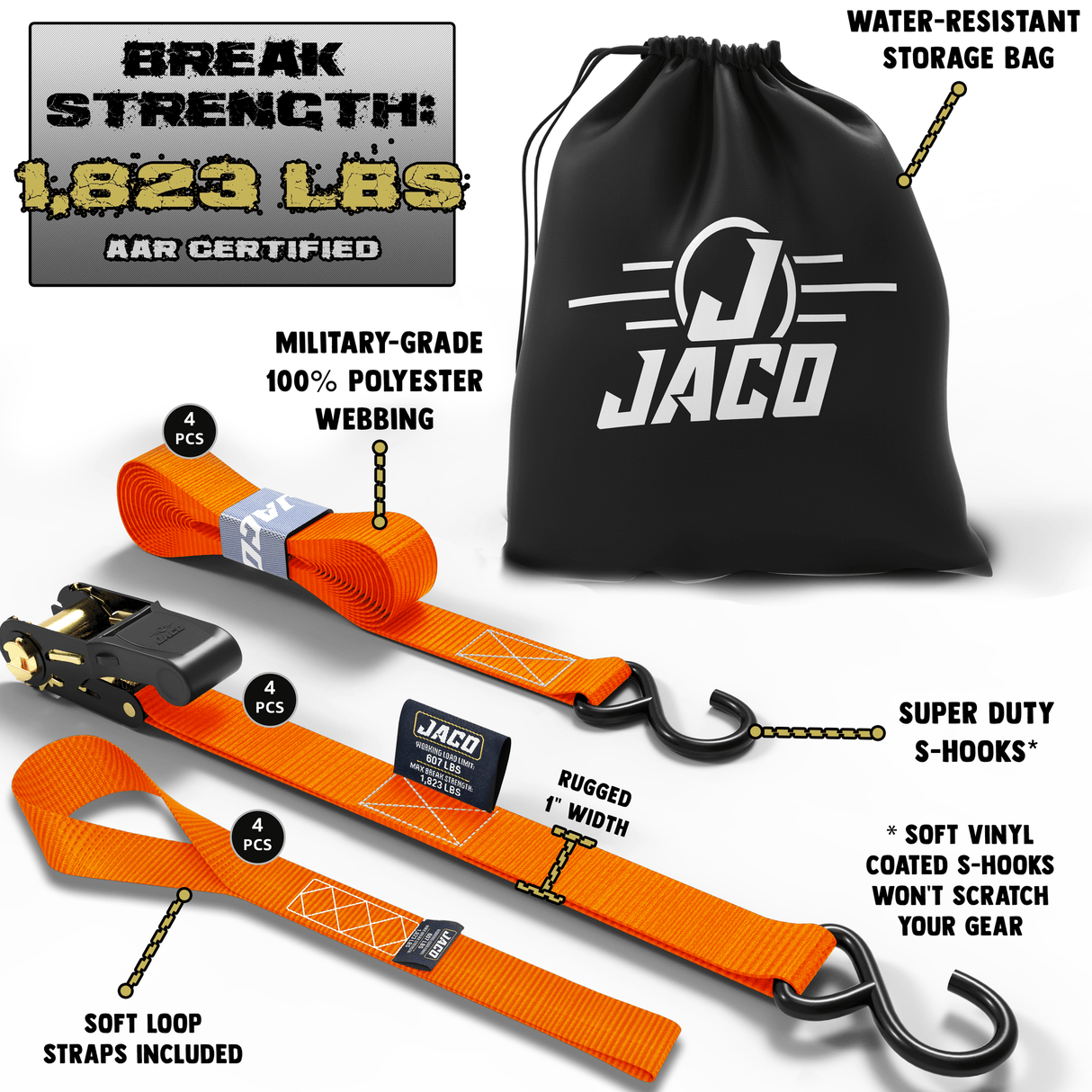 Tie Down Ratchet Straps (4 Pack) - 1 in x 15 ft | AAR Certified Break Strength (1,823 lbs) | Cargo Tie Down Set - Magnadyne