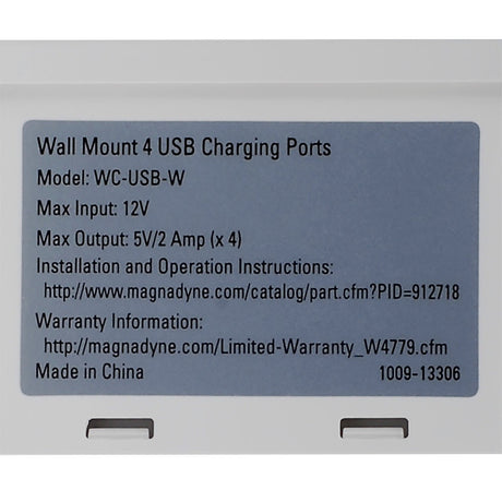 Magnadyne WCP-USB | Wall Mount USB Charger | 4 Ports w/ Wall Plate - Magnadyne